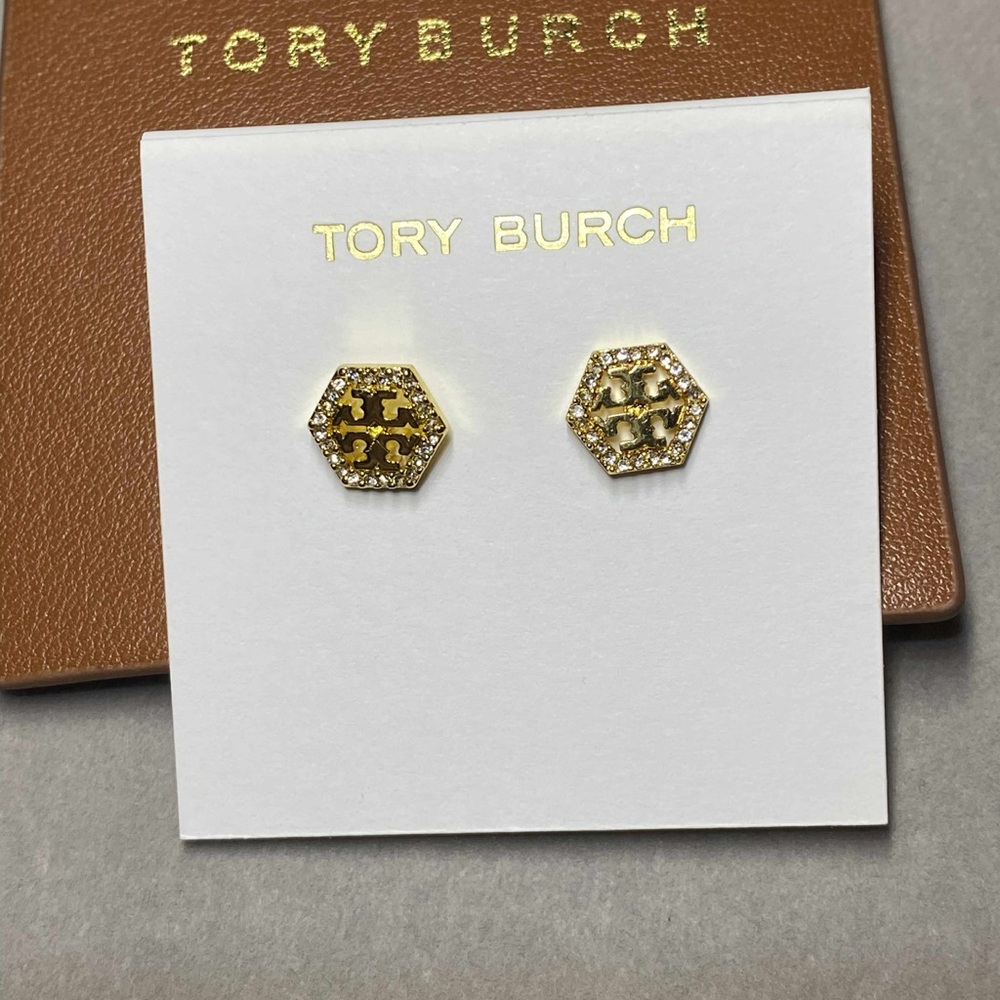 Tory Burch Gold Hexagon Logo Earrings